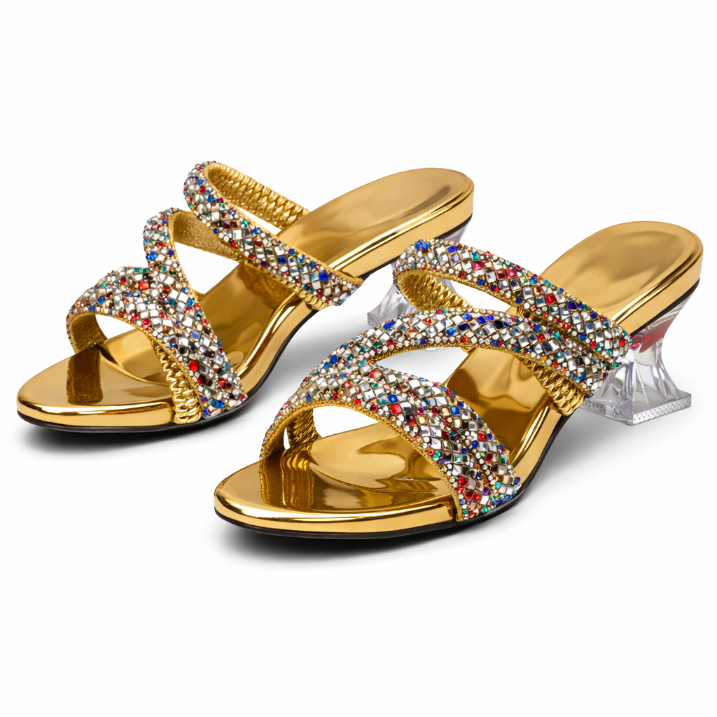 Embellished Heeled Sandals with Rhinestone Strap Design